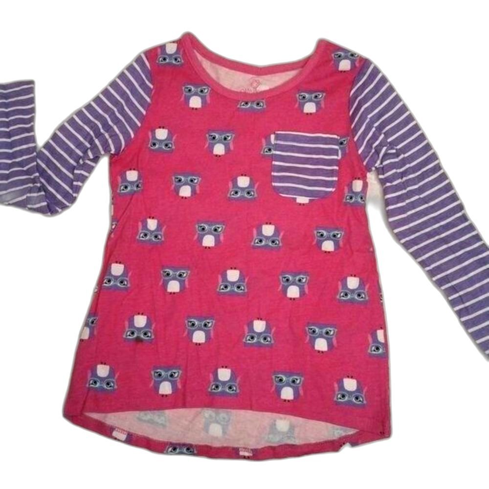 Okie Dokie Longsleeve Girls Top Pink Purple Owls Stripes Crewneck Pocket Size 5T